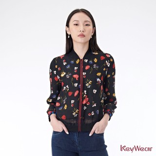 【KeyWear 奇威名品】優雅印花夾克長袖外套 黑色