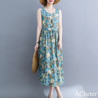 【ACheter】森林田園印花藍調文藝圓領大碼棉麻碎花無袖連身裙背心長版洋裝# 117725