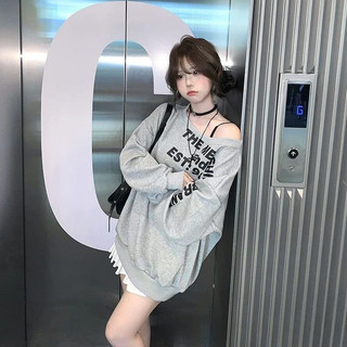 【風格Style】歐美斜肩長袖 露肩上衣 大碼上衣 寬鬆衛衣 字母長袖 慵懶長袖 寬鬆上衣 大碼寬鬆衛衣 長袖 上衣
