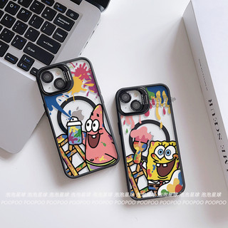 磁吸手機殼 塗鴉海綿寶寶 鏡頭金屬支架 iPhone17 16 15 14 13 12 11Promax高透殼 升級強磁