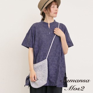 Samansa Mos2 復古感立領剪裁隱約圖案印花短袖上衣(0F000888410)