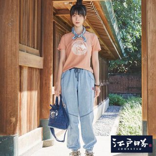 江戶勝 男款 經典車線抽繩束口丹寧錐形褲(重漂藍)