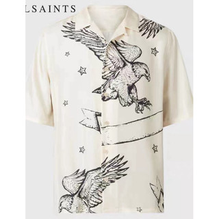 allsaints 老鷹 白 黑白 襯衫 羊頭 短袖 短袖襯衫 古巴領 古巴領襯衫 花襯衫 度假 緞面 絲 瘦子 男 黑