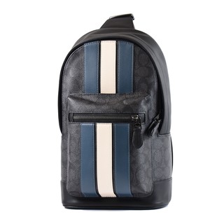 COACH 男款 直紋緹花LOGO防刮皮革單肩背胸包-灰黑【美國正品現貨】