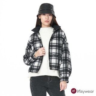 【KeyWear 奇威名品】黑白格紋高領夾克長袖外套 黑色