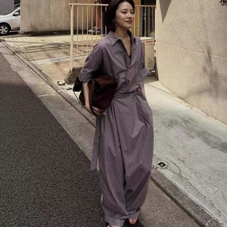【免運日系貴牌E*TE同款中袖連身褲】ins大人氣咖啡色條紋/藍色條紋復古設計感襯衫式連身褲，斜襟設計感長褲寬褲