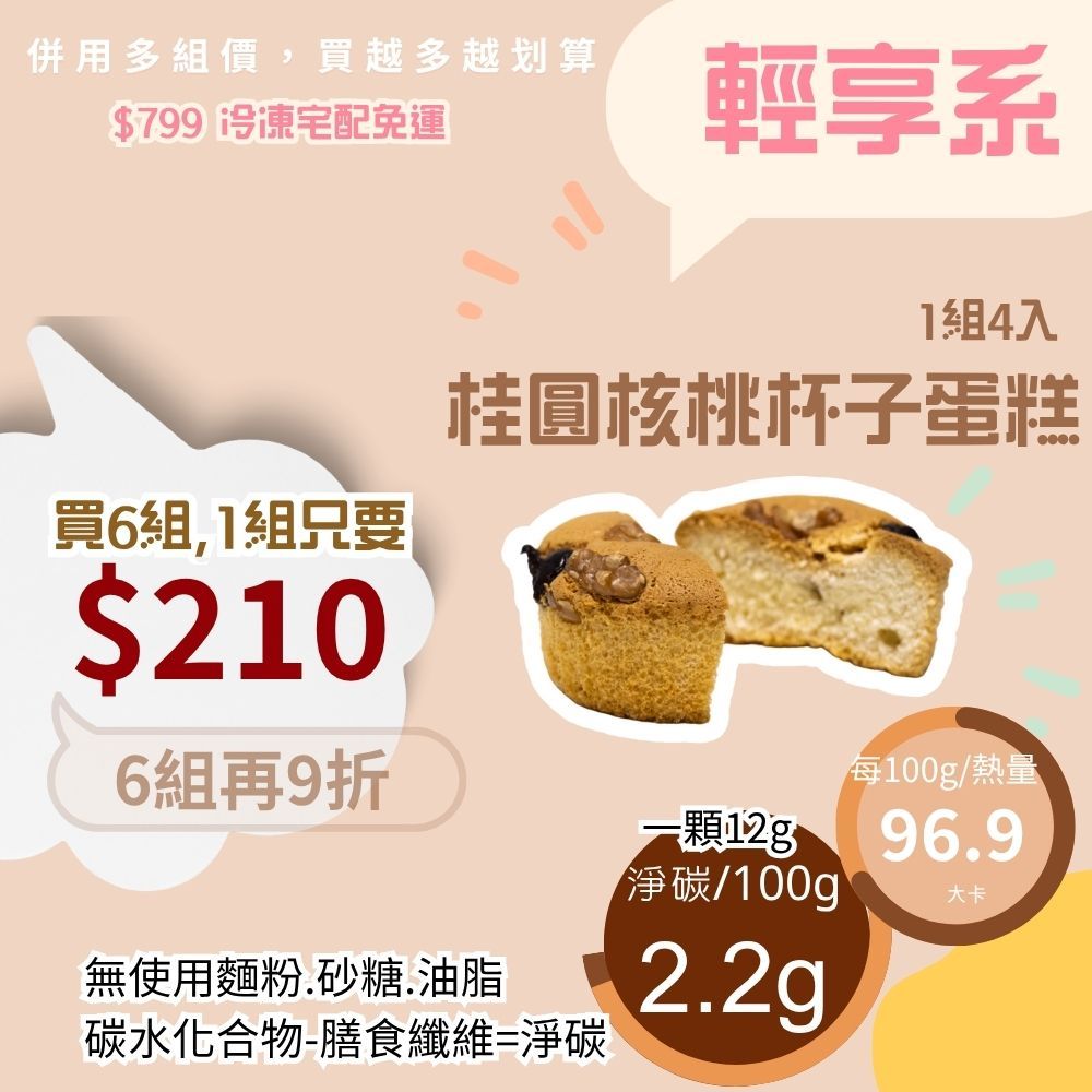 米林香 無麵粉桂圓核桃杯子蛋糕4入裝 母親節蛋糕|一入11大卡|淨碳0.5g 無蔗糖蛋糕 滿足感 無澱粉甜點