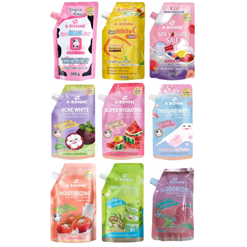 泰便宜A Bonne Exfoliating Bath Salt 去角質浴鹽350g #牛奶/優格/維他命C/番茄/雪玫