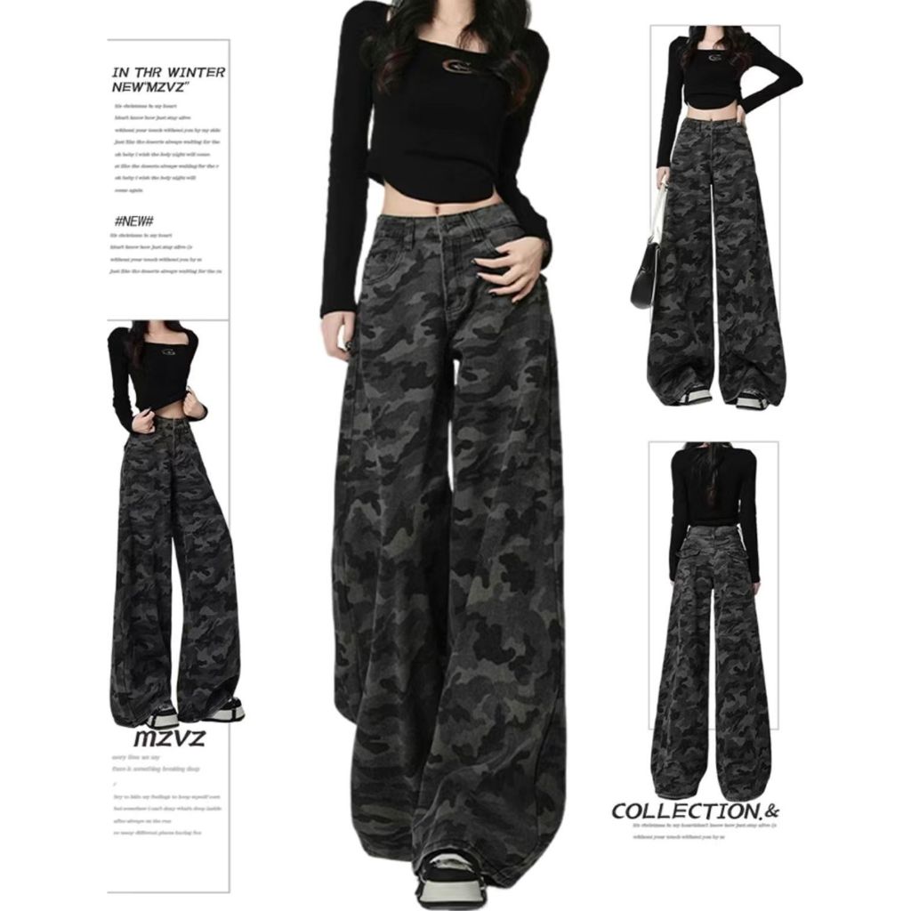 初系【隔日達】 美式復古迷彩褲 闊腿褲 牛仔褲女 直筒牛仔褲 高腰牛仔褲 迷彩牛仔褲 工裝牛仔褲 高腰拖地褲 迷彩長褲