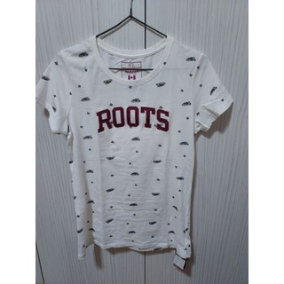 ROOTS白色圓領上刺繡LOGO短袖T