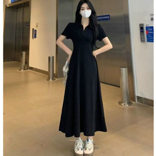 法式高階短袖連身裙女夏季收腰修身黑色長款連衣裙時尚設計常規肩POLO領連衣裙 短袖洋裝 小個子洋裝 休閒連身裙 收腰洋裝