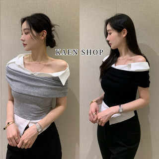 KAEN SHOP ❤️3002 韓國chic上衣 刷毛短袖 春秋季顯瘦設計感短袖 假兩件一字肩短袖 氣質襯衫拼接短袖