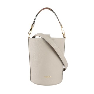 BURBERRY 金色Logo 素面粒紋牛皮小款水桶包(石灰白)