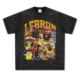 Lebron James 勒布朗詹姆斯 小皇帝水洗做舊 短袖 T恤 純棉短袖t落肩短袖T恤 夏潮牌寬松落肩袖純棉青年運動