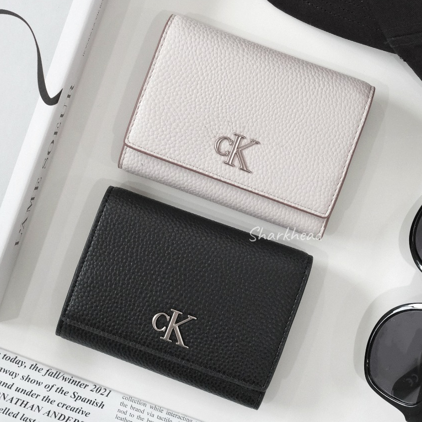 【Sharkhead】現貨 Calvin Klein 荔枝紋 皮夾 黑色 杏色 皮革 短夾 CK 小Logo 三折短夾
