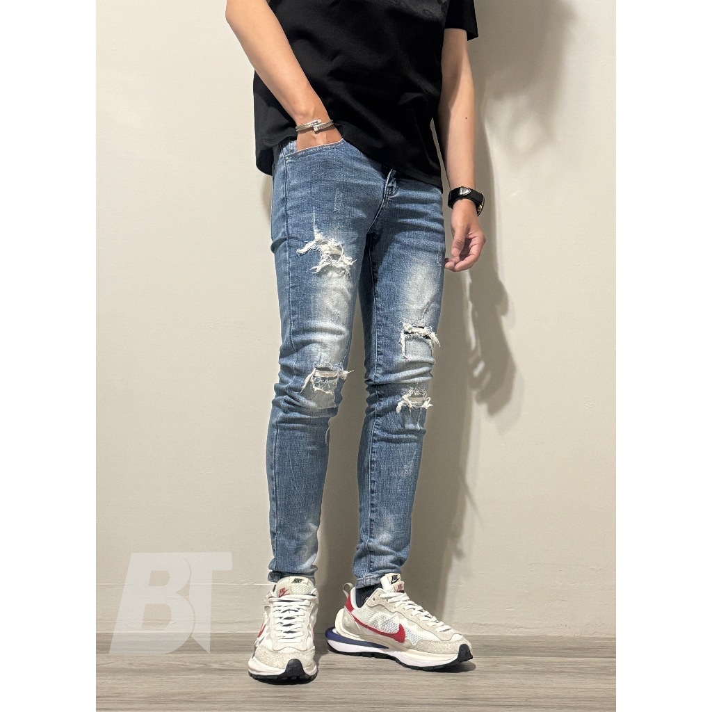 【BT】歐美風潮 韓國製 蒼影裂魂深藍破壞牛仔褲 立體刷色 縫補貼布設計 時尚窄管版型 街頭百搭風格 高彈丹寧布-BT0
