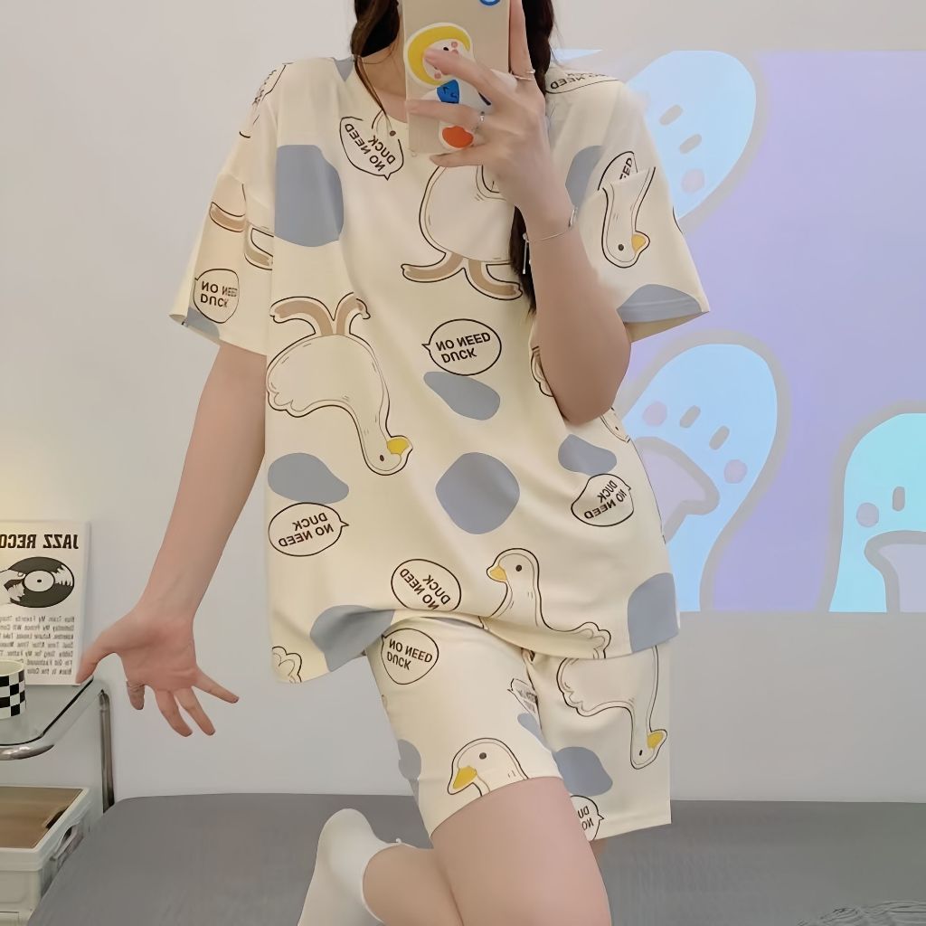 小清新薄款兩件女生短袖睡衣短睡褲 女夏季牛奶絲透氣居家服 短褲 韓版圓領家居服 宿舍睡衣春夏秋季睡服 短袖短睡褲居家服