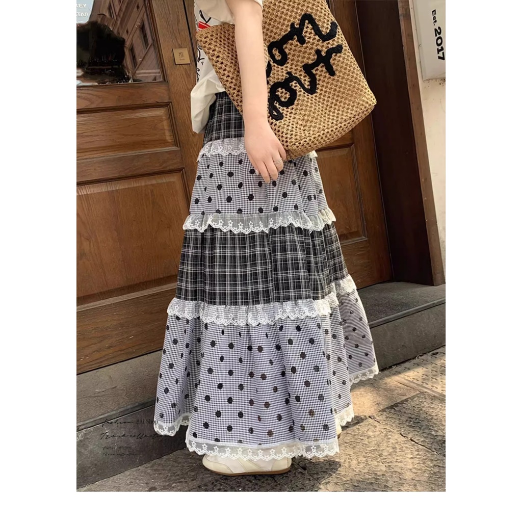 BAi白媽媽 層次蛋糕長裙／鬆緊腰格紋點點長裙－台灣現貨 隔日到貨【350490】