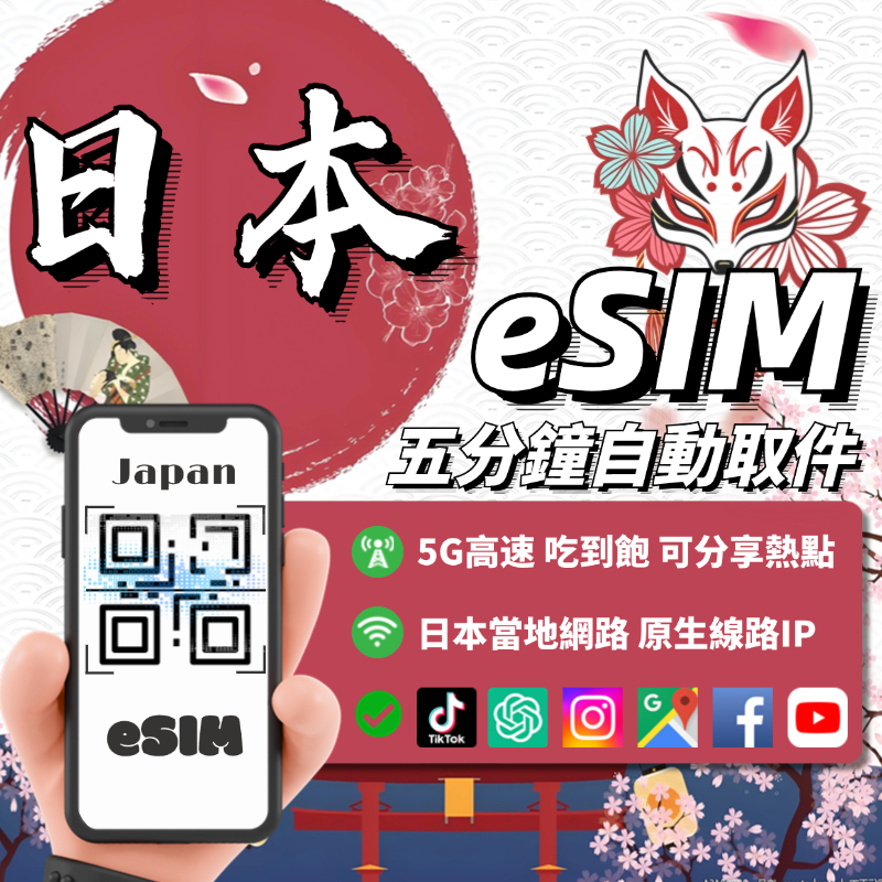 【eSIM日本】自動發貨｜五分鐘取件 原生線路 高速 吃到飽 不降速 沖繩 北海道 東京 大阪 福岡 esim 虛擬網卡