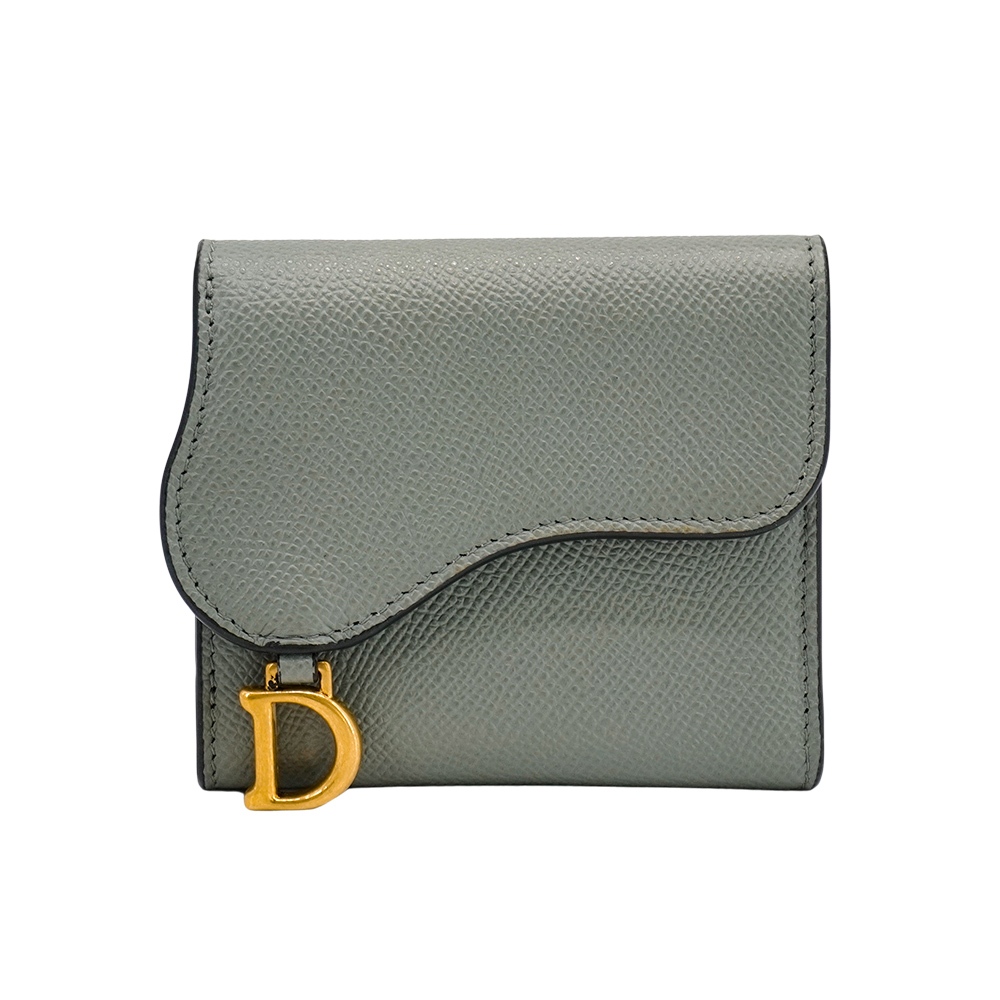 Dior 展示品 Saddle 粒紋牛皮釦式三折短夾(灰藍)
