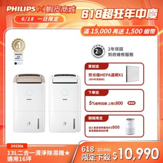 【PHILIPS 飛利浦】一級能效13公升二合一清淨除濕機DE5206 可申請退稅1200