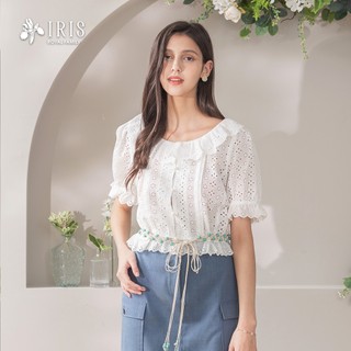 IRIS 艾莉詩 清新鏤空蕾絲收腰上衣-淺米白 52112