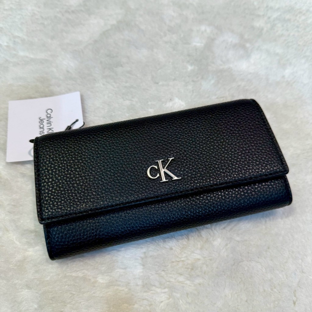 (Little bee小蜜蜂精品) CALVIN KLEIN CK 素色荔枝紋 小標掀蓋長夾