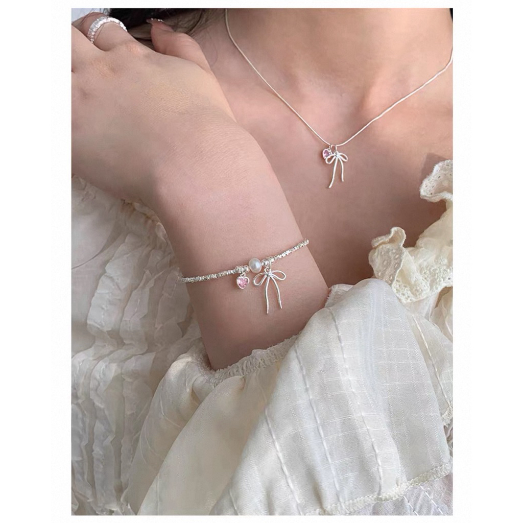 ✨mendy 💕台灣現貨 當日寄出💕小眾設計感 氣質百搭 粉色愛心蝴蝶結項鍊 手鍊 手環