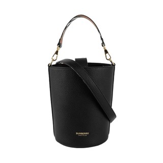 BURBERRY 金色Logo 素面粒紋牛皮小款水桶包(黑色)