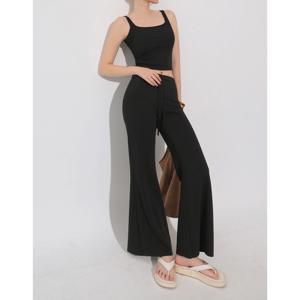 AIR SPACE 休閒風抽繩小喇叭褲(黑/深灰) 女裝 現貨