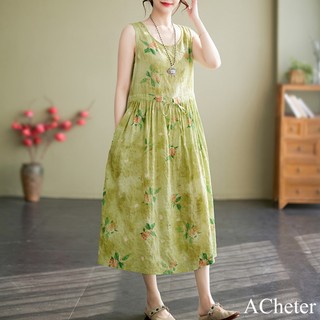 【ACheter】森林漫遊無袖連身裙圓領文藝淑女棉麻印花寬鬆大碼A字背心長版洋裝# 117723
