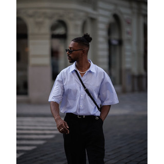 【J.V Select】Represent Pinstripe Shirt 細條紋 襯衫 短袖 寬鬆 純棉 夏季 水藍