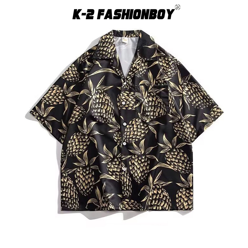 【K-2】黑鳳梨 古巴襯衫 涼感襯衫 短袖襯衫 鳳梨襯衫 夏季 渡假風 海邊 旅遊 襯衫 Y2K襯衫 鳳梨【J2595】