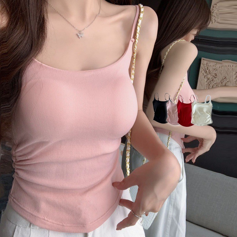 韓系細肩美背吊帶背心 帶胸墊免穿內衣 小可愛 女裝 短版上衣 運動背心 短版背心 Ladyshare【G017K3R】