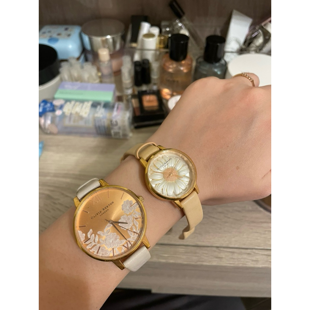 英國正品Olivia Burton二手手錶2支合售*粉色立體小雛菊+白色蕾絲玫瑰金錶面