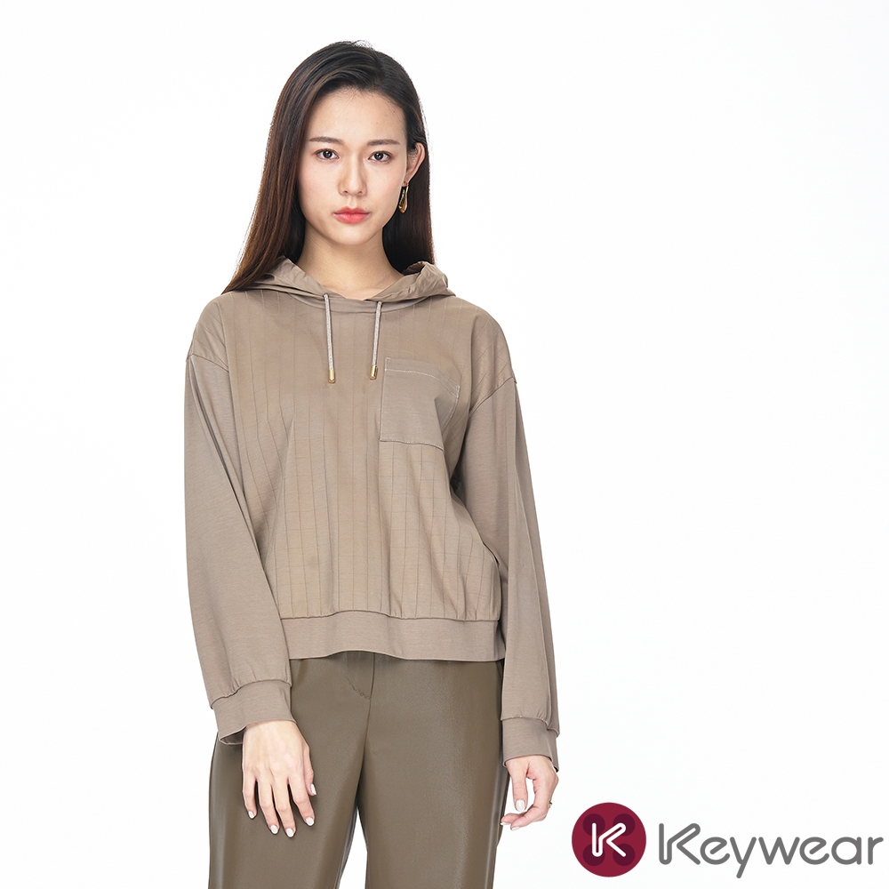 【KeyWear 奇威名品】拼接設計連帽長袖上衣 淺咖啡色