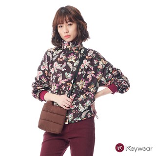 【KeyWear 奇威名品】高領花卉印花長袖夾克外套 紅咖啡色