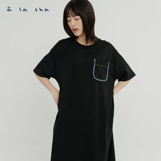 a la sha 【全新、黑F/灰藍F】 撞色出芽寬鬆舒適短袖洋裝👗