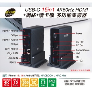 伽利略 USB-C 15in1 4K60HDMI+網路+讀卡機 多功能集線器 (U15HDLR)