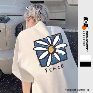 【K-2】美式休閒 手繪塗鴉 PEACE 雛菊 純棉短T 短袖 上衣 純棉T T恤 Y2K衣服 雛菊衣服【JC991】