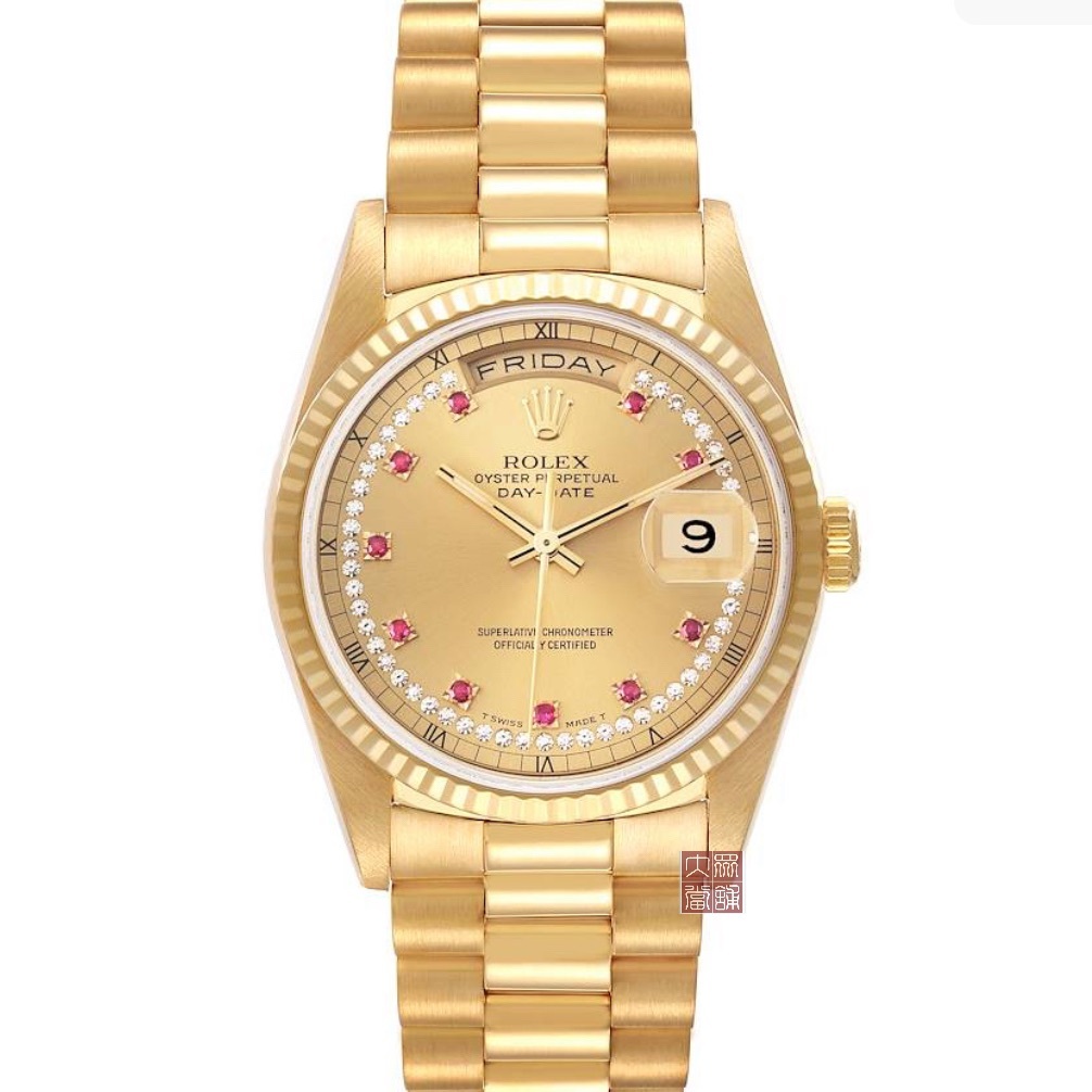 【大眾名錶】ROLEX 勞力士 18238 Day-Date 蠔式18K金 市場少見紅蟳 紅寶多層鑽面 大眾當舖B597