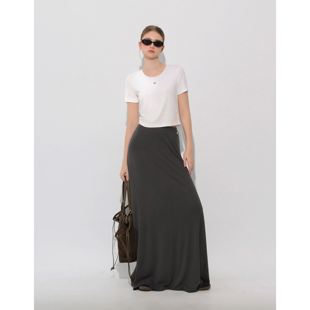 AIR SPACE PLUS 品牌LOGO綴飾修身寬襬長裙(咖啡/深灰) 女裝 現貨 大尺碼 中大尺碼 棉花糖女孩