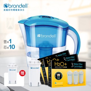 【美國邦特爾】Brondell H2O+ 八週長效濾水壺（藍）+10芯 - 買再贈濾心1入（共11芯）