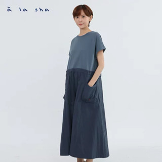 a la sha 【全新、藍S】異材質拼接露營風洋裝👗