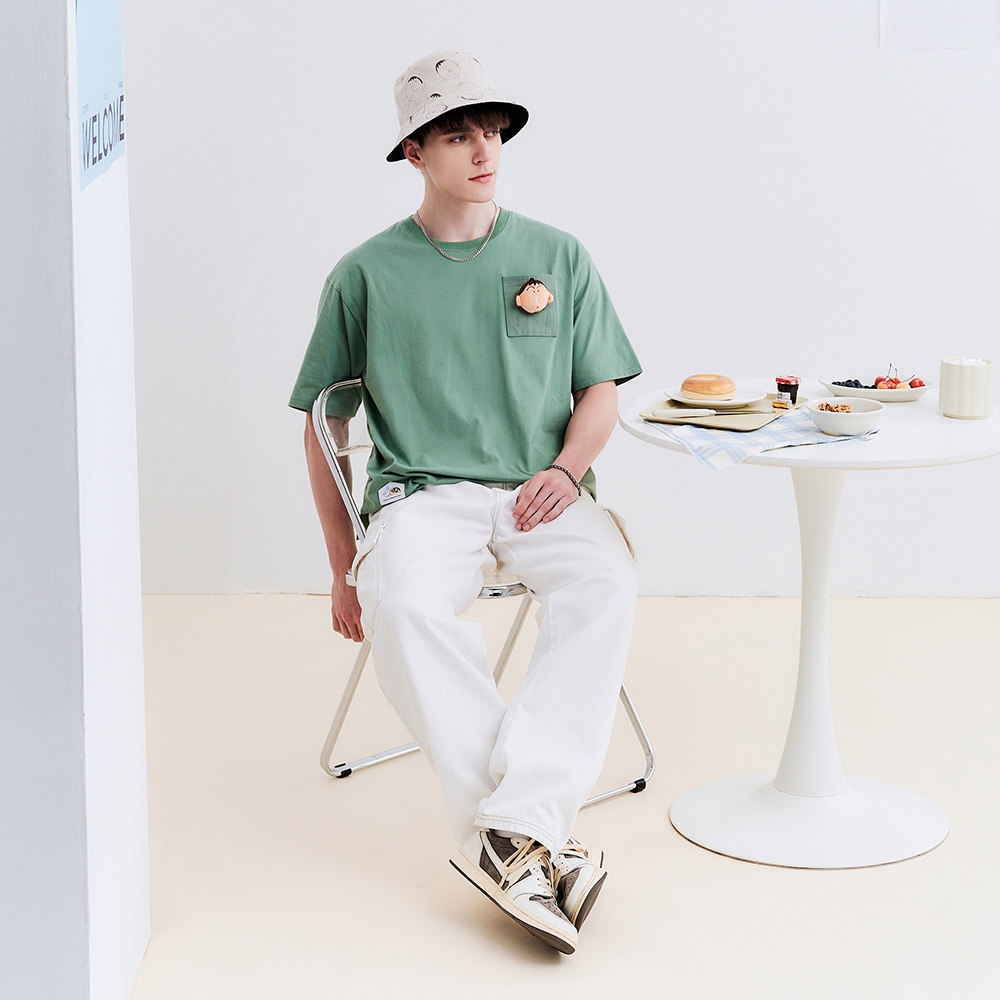 CACO-阿呆絨毛公仔口袋短T-男女共穿【J1SC037】