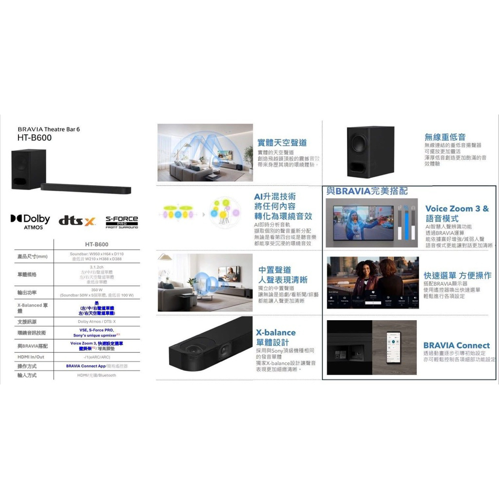 Sony BRAVIA Theatre天空聲道劇院 (型號：Sony HT-B600二件式環繞家庭劇院)