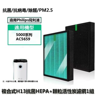 適用 Philips飛利浦 AC5659 5000 5000i系列 抗菌版 清淨機 抗菌HEPA濾芯濾網 蜂顆活性碳濾網
