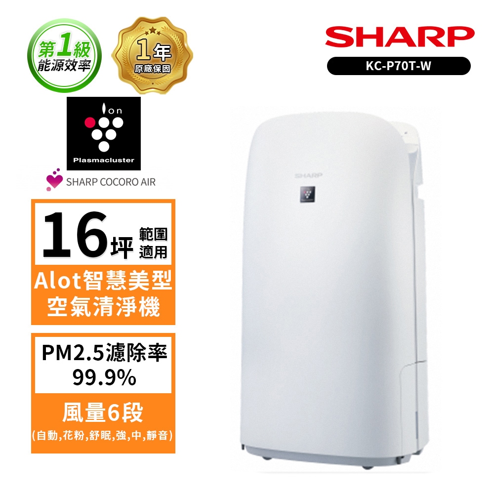 SHARP夏普 KC-P70T-W 16坪AIoT智慧美型鬱金香空氣清淨機