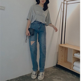 Truda-moda破洞直筒落地牛仔褲