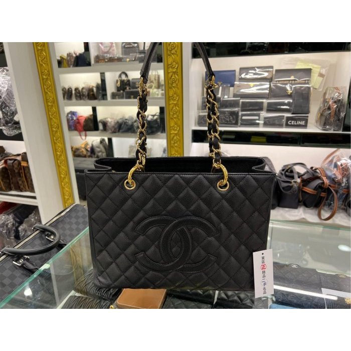 東區正精品㊣Chanel GST 香奈兒黑色荔枝牛皮金扣豆腐包肩背包托特包 RZ5757